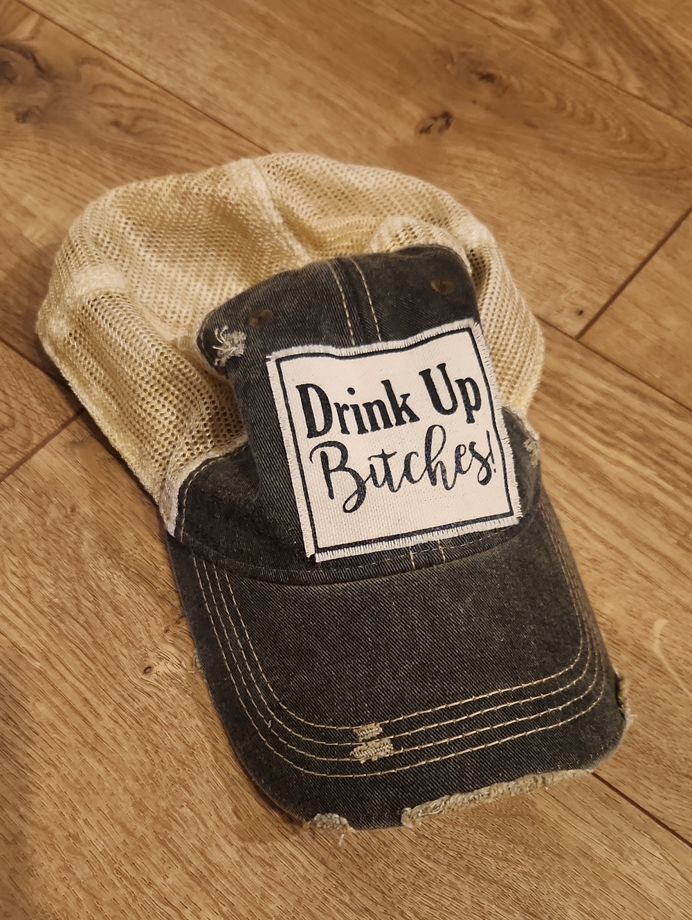 Unbranded Black Denim & Beige Mesh Trucker Hat with "Drink Up Bitches" Patch